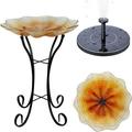 Hand-Painted Glass Bowl Bird Bath w/Solar Fountain Gold