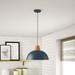 Industrial Farmhouse Pendant Light Fixture with Metal Shade and Faux Wood Grain Design Blue