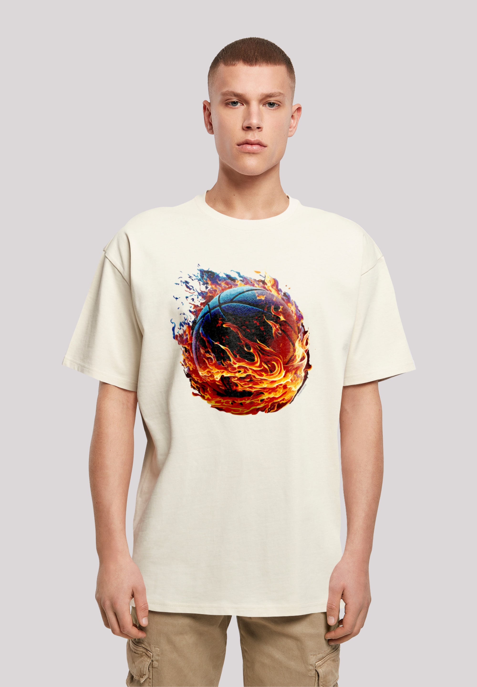 T-Shirt F4NT4STIC "Basketball On Fire Sport OVERSIZE TEE", Herren, Gr. S, beige (sand), Obermaterial: 100% Baumwolle, Casual, oversize, Rundhals, ohne Bündchen, Shirts, Print Image