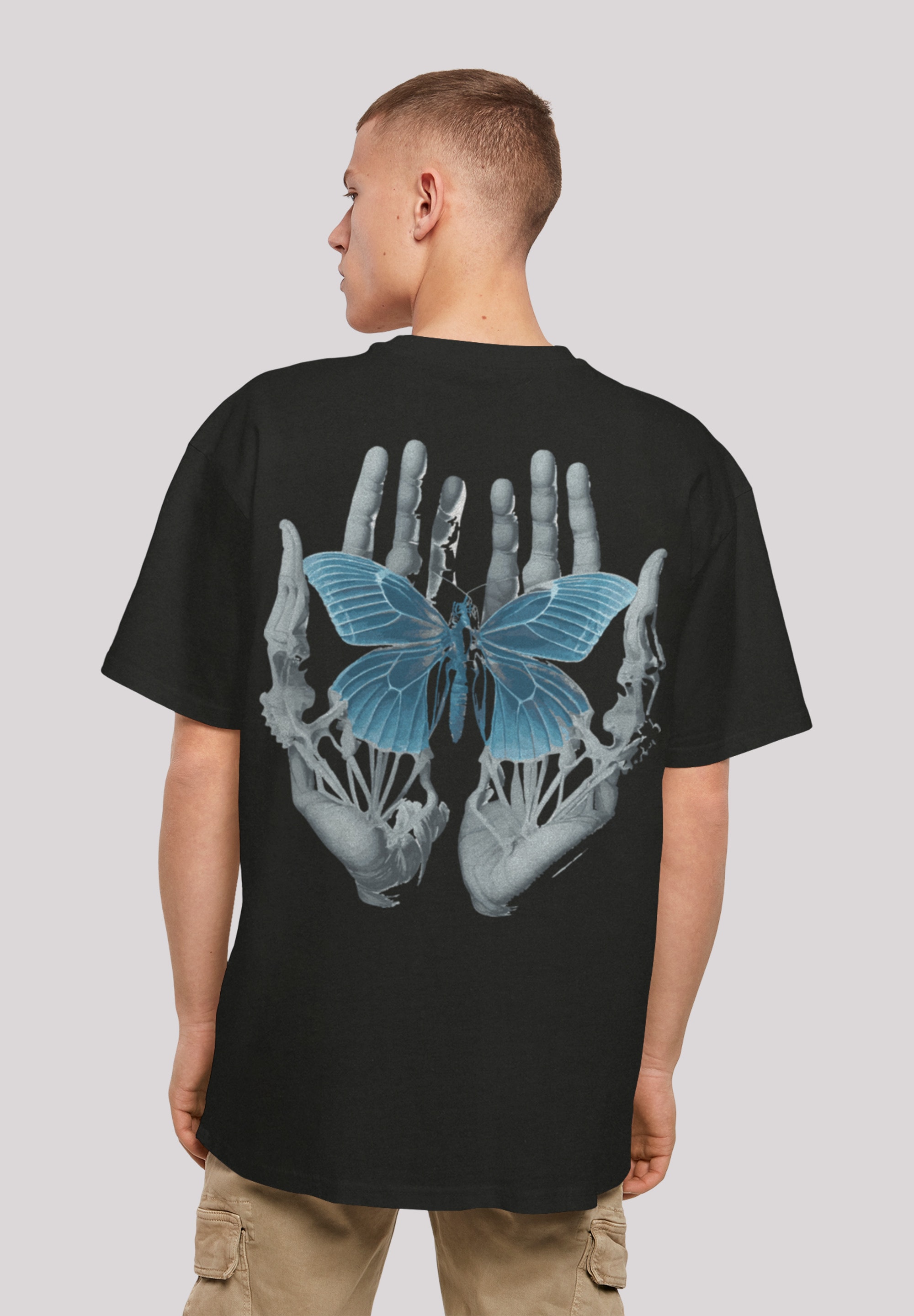 T-Shirt F4NT4STIC "Skelett Hände Schmetterling", Herren, Gr. 5XL, schwarz, Obermaterial: 100% Baumwolle, oversize, Rundhals, ohne Bündchen, Shirts, Print Image