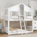 Twin over Twin Wood Bunk Bed House Bed Low Height Design with Safety Guardrails Bed and Ladder with Roof, Window & Door