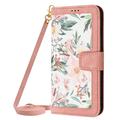 ELEHOLD Wallet Case for Samsung Galaxy S23 Plus Premium Leather Flower Floral Pattern with Card Slots Kickstand Function Crossbody Shoulder Strap Wriststrap Lanyard Folio Wallet Case pink