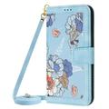 ELEHOLD Wallet Case for iPhone 14 Pro Max Premium Leather Flower Floral Pattern with Card Slots Kickstand Function Crossbody Shoulder Strap Wriststrap Lanyard Folio Wallet Case blue