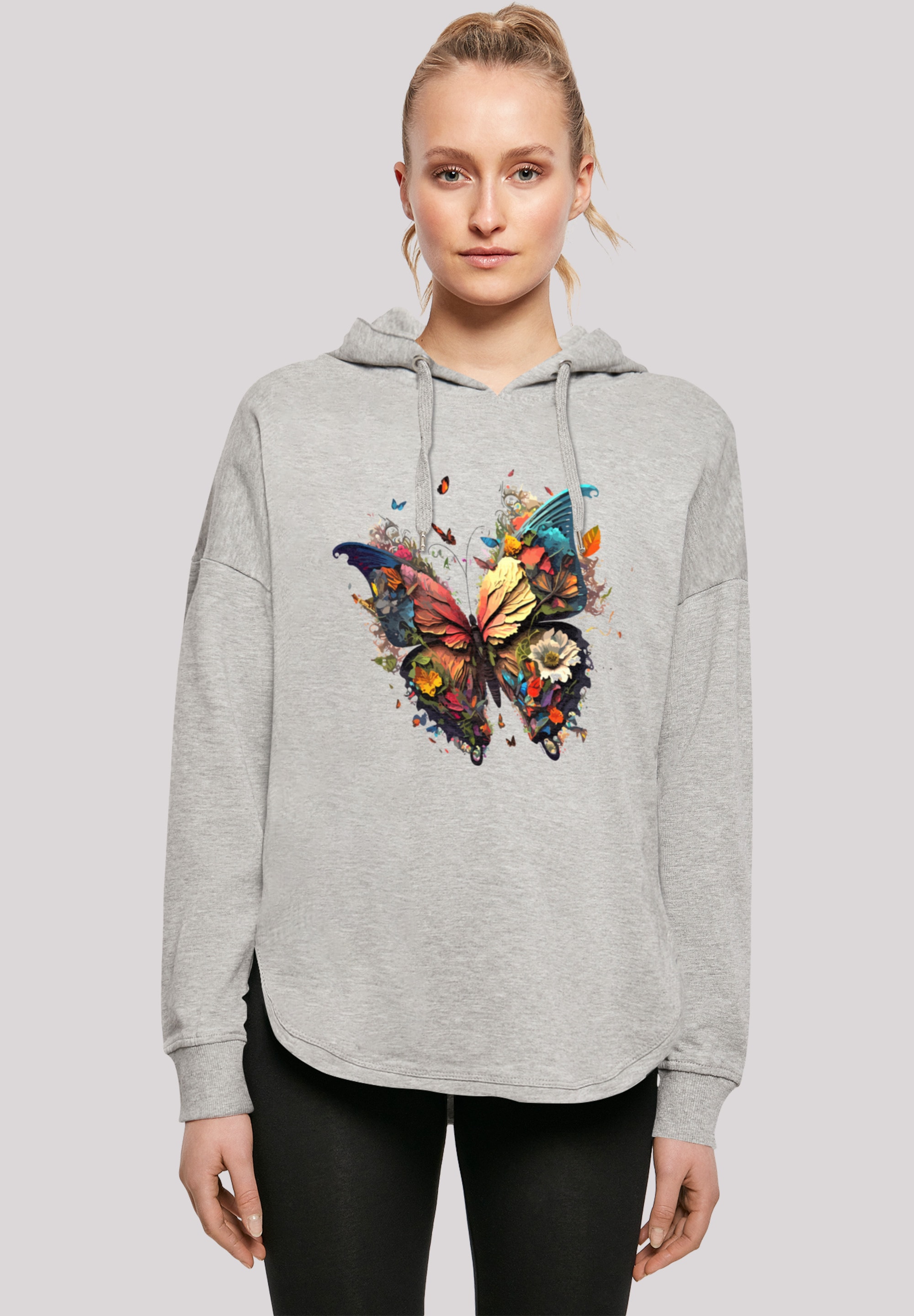 Kapuzenpullover F4NT4STIC "Schmetterling Bunt", Damen, Gr. XS, grau, Obermaterial: 100% Baumwolle, Casual, oversize, Pullover, Print