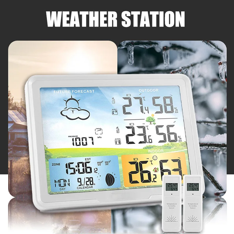 Station météo numérique sans fil avec 2 capteurs, prévisions intérieures et extérieures, hygromètre, humidité, température, moniteur météo domestique