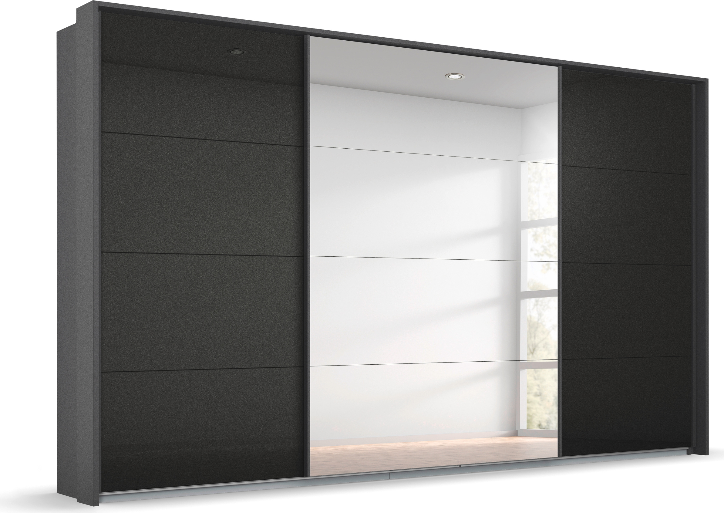 Schwebetürenschrank RAUCH "Kleiderschrank Schrank Garderobe OTELI inkl. 3 Innenschubladen", grau (graumetallic, effektgrau hochglanz), B:323cm H:214cm T:68cm, Holzwerkstoff, Schränke, mit Mittelspiegel und Passepartout optional mit Beleuchtung Image