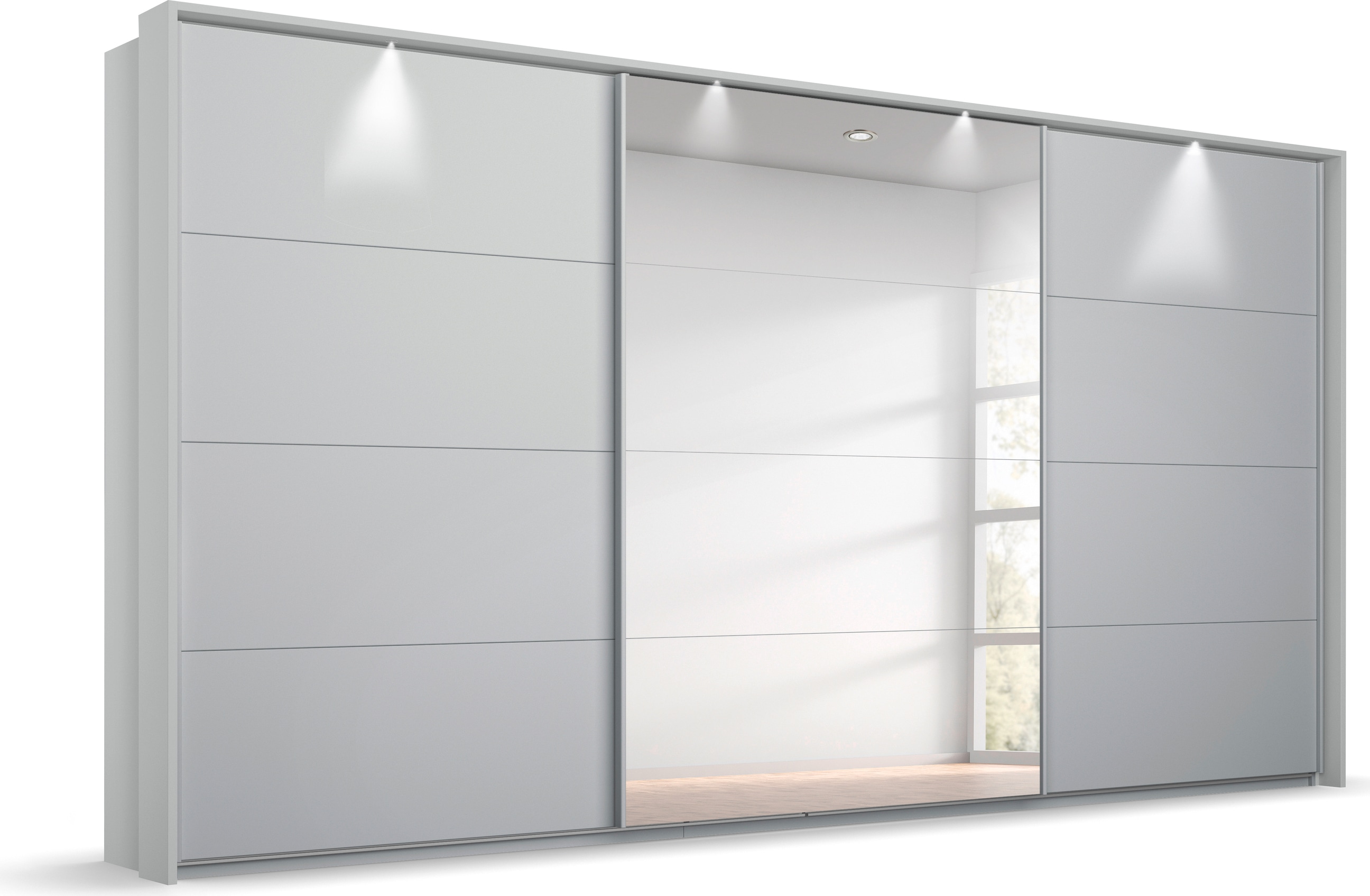 Schwebetürenschrank RAUCH "Kleiderschrank Schrank Garderobe OTELI inkl. 3 Innenschubladen", grau (seidengrau), B:368cm H:233cm T:68cm, Holzwerkstoff, Schränke, mit Mittelspiegel und Passepartout optional mit Beleuchtung Image