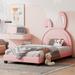 Twin Size Upholstered Leather Platform Bed with Rabbit Ornament, Solid Wood Slats Support, Charming Design for Kids