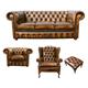 Chesterfield 3 Seater Sofa + Club Chair + Mallory Wing Chair + Footstool Leather Sofa Suite Offer Antique Gold