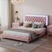 Queen Size Upholstered Bed Frame with LED Lights, Modern Velvet Platform Bed with Crystal Tufted Headboard