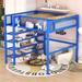 Full Size Loft Bed with 4-Tier Shelves, Space Saving Metal Loft Bed with a Storage Shelf & Mesh Guardrails for Kids Teens, Blue