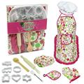 Kids Cooking and Baking Set 15 PCS with Hat Apron Oven Mitt Oversleeves Kitchen Utensils Children Role Playset Educational Gift for Girls (Pink)