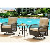 UDPATIO 3 Pieces Patio Furniture Set Outdoor Swivel Gliders Rocker Wicker Patio Bistro Set with Rattan Rocking Chair Glass Top Side Table and Thickened Cushions for Porch Deck Backyard (Khaki)