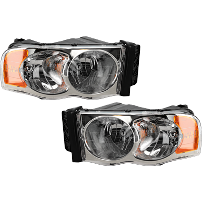 2003 Dodge Ram 2500 Driver and Passenger Side Headlights, with Bulbs, Halogen, without Bulbs and Wiring Harness For Side Marker Light