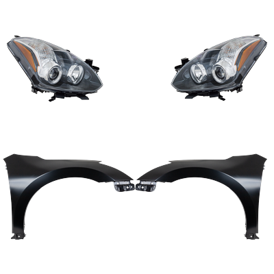 2011 Nissan Altima 4-Piece Kit Driver and Passenger Side Headlights with Fenders, with Bulbs, Halogen, CAPA Certified