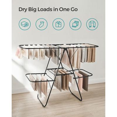 Foldable 2-Level Free-Standing Steel Tubes Laundry Stand with Height-Adjustable Wings - 61.8" x 22" x 44.9"