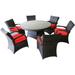 7 Pieces (6 Seats) Outdoor Patio Dining Table Sets with Washable Blue Cushions and Wicker Round Tempered Glass Table