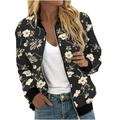 CZHJS Long Sleeve Outwear Spring 2023 Trendy Stand up Collared Baseball Bomber Fall Tops Women s Floral Printing Fashion Clothing Loose Casual Oversized Zip up Lightweight Jacket Black XL Shirts