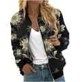 CZHJS Women s Casual Floral Printing Fashion Clothing Loose Oversized Zip up Lightweight Jacket Long Sleeve Outwear Spring Stand up Collared 2023 Trendy Fall Tops Baseball Bomber Black L Shirts