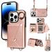 Compatible with iPhone 15 Wallet Cover with Crossbody Shoulder Strap and Stand PU Leather Credit Card Holder Cell Accessories Phone Cover for iPhone 15 - Rosegold