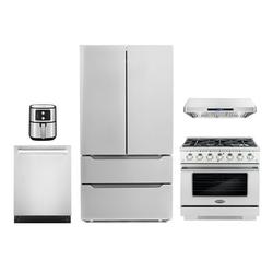 5 Piece Kitchen Package with 36 Freestanding Gas Range 36 Under Cabinet Range Hood 24 Built-in Fully Integrated Dishwasher French Door Refrigerator & 5.5L Electric Hot Air Fryer