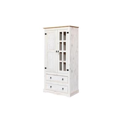 Möbilia Vitrine | 2 Türen, 2 Schubladen | Kiefer-Holz massiv | B 100 x T 41 x H 190 cm | weiß lackiert, honigfarbend | 1