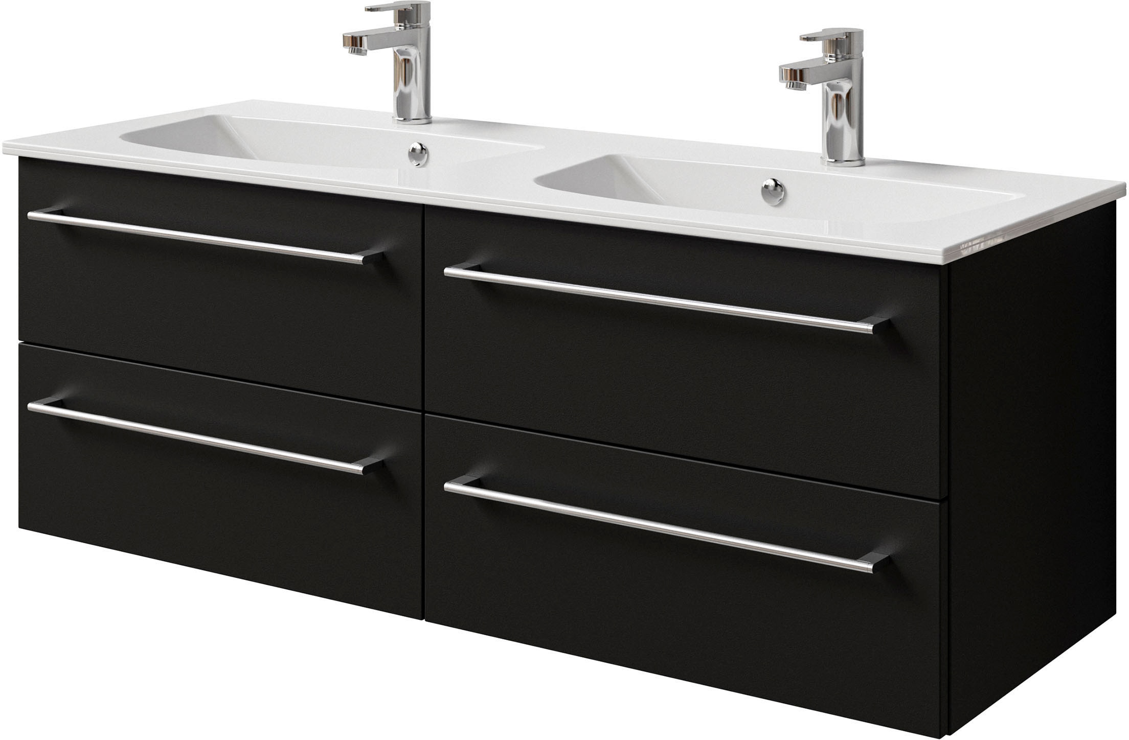 Waschtisch SAPHIR "Serie 6025 Mineralmarmor-Waschtisch mit Unterschrank, 132 cm breit", schwarz (schwarz matt, schwarz matt), B:132cm H:49,9cm T:48cm, Waschtische, Doppel-Waschplatz mit 4 Schubladen, hängend, verschiedene Ausführungen Image