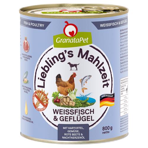 Sparpaket: 12x800g GranataPet Liebling's Mahlzeit Weißfisch & Geflügel Hundefutter nass