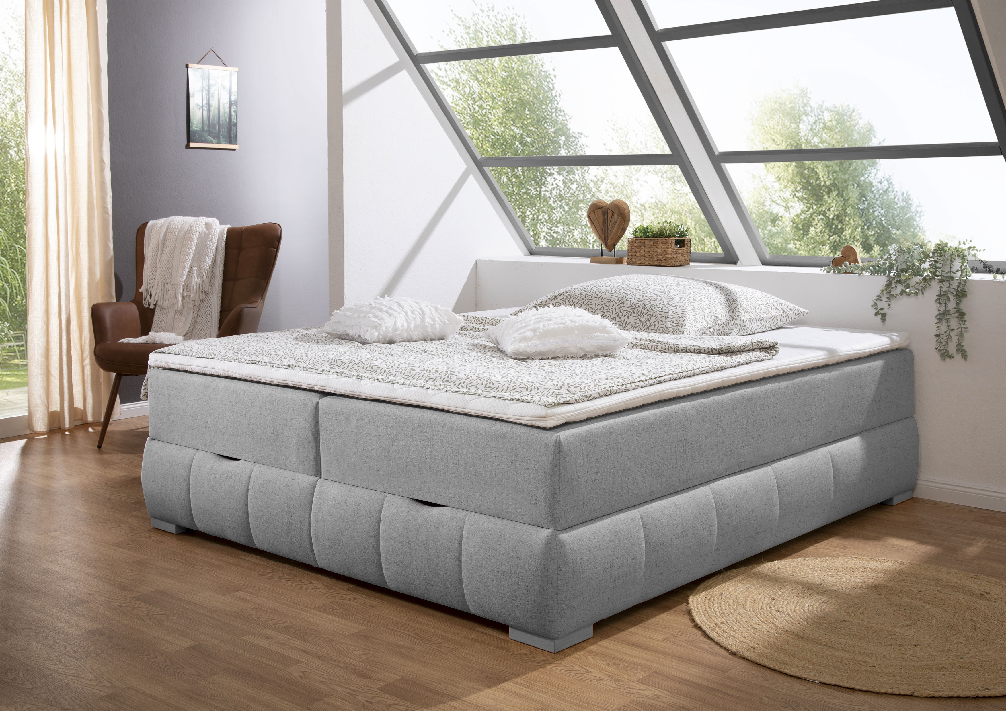 Boxbett OTTO HOME "Wehma", grau, B:164cm L:204cm, Komplettbetten, ohne Kopfteil, inklusive Topper und Bettkasten