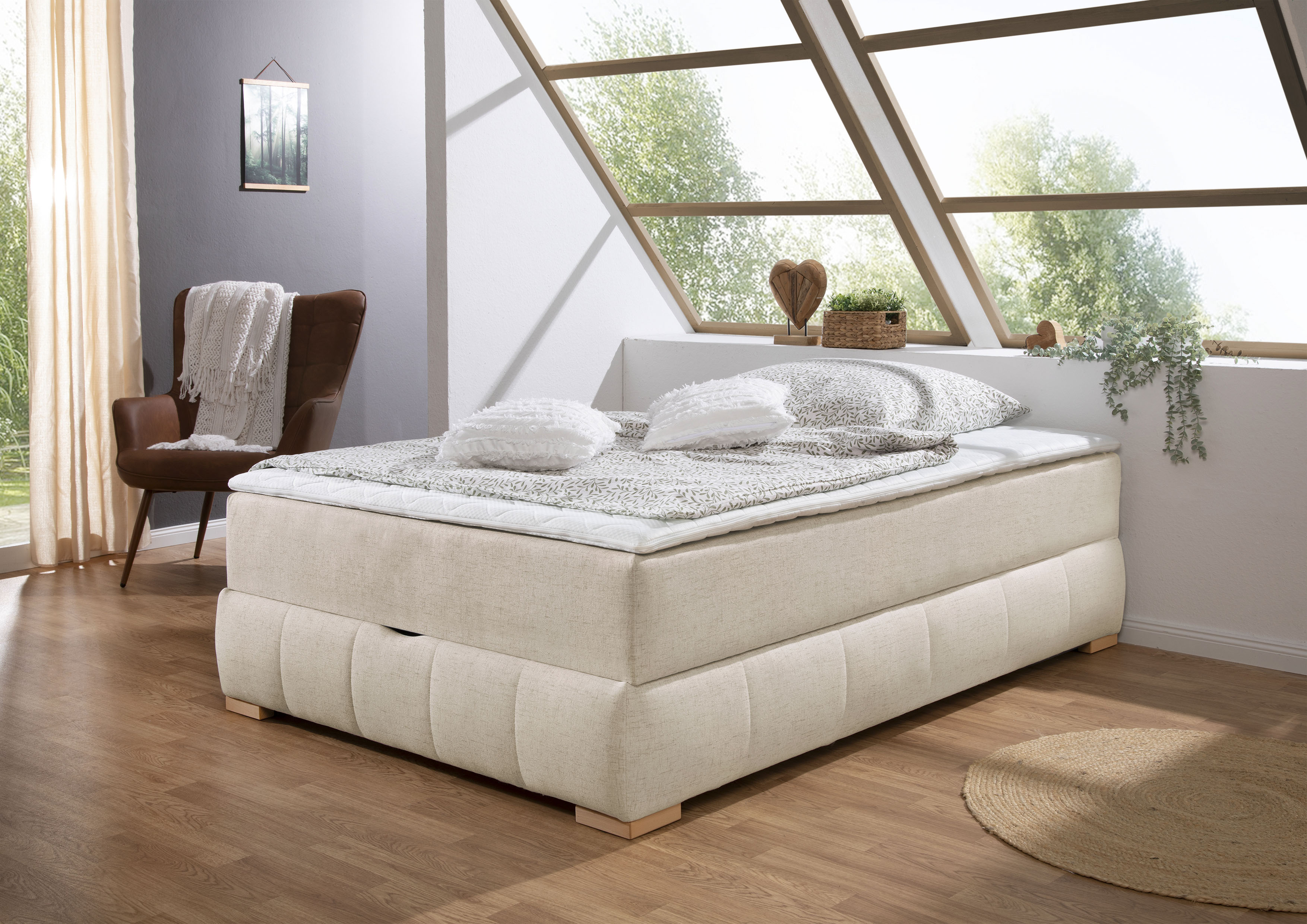 Boxbett OTTO HOME "Wehma", beige, B:144cm L:204cm, Komplettbetten, ohne Kopfteil, inklusive Topper und Bettkasten Image