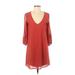 Lulus Casual Dress - Shift Plunge 3/4 sleeves: Orange Solid Dresses - Women's Size Small