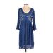 Forgotten Grace Casual Dress - A-Line V Neck 3/4 sleeves: Blue Print Dresses - Women's Size Small