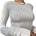 T-Shirt à manches longues col ras du cou pour femmes mode blanc Slim Fit Texture 3D