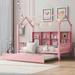 Wooden Playhouse Bed with Twin Trundle & Slat Support, Twin Size Platform Bedframe with Storage Shelf & Roof for Kids Bedroom