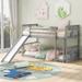Twin Over Twin Floor Bunk Bed with Slide and Ladder,Solid Pine Wood Low Bunkbeds w/Safety Guardrails,No Box Spring Needed, Gray