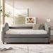 Full Size Linen Upholstered Daybed with Trundle & Rivet Decor for Small Space, Solid Wood Sofa Bed Frame with Wood Slat Support
