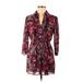 Daisy Fuentes Casual Dress - Mini Collared 3/4 sleeves: Burgundy Floral Dresses - Women's Size Medium