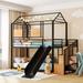 Twin Over Twin Floor Bunk Beds with Storage Stairs, Metal Frame House Bunk Bed w/Slide, Roof & Guardrails for Girls Boys, Black