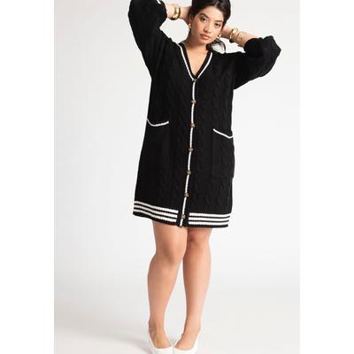Plus Size Women's Cardigan Sweater Dress With Stripe Detail by ELOQUII in Black Onyx (Size 14/16)
