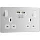 BG Evolve Brushed Steel (White Ins) Double Switched 13A Power Socket + 2 X Usb (3.1A) in Silver Polycarbonate/Steel