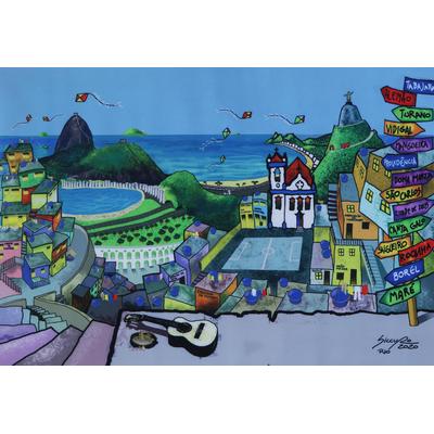 Rio Favela,'Naif Rio de Janeiro Favela Landscape Giclee Print on Canvas'