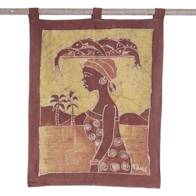 Batik wall hanging, 'Fish Merchant' - African Bati...