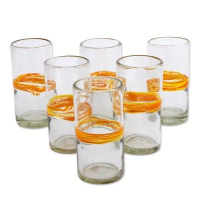 Ribbon of Sunshine,'Set of 6 Blown Recycled Glass Tumblers Orange/Yellow Stripe'