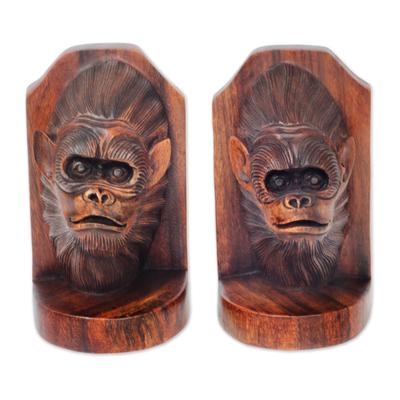 Wood bookends, 'Orangutan Couple' (pair)