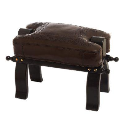 Mohena wood and leather stool, 'Colonial Wreath'