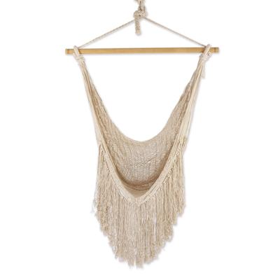 Sea Breezes in Ivory,'Ivory Fringed Cotton Rope Mayan Hammock Swing from Mexico'