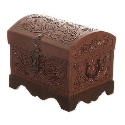 Avian Enchantment,'Brown Bird Pattern Leather and Wood Decorative Box from Peru'