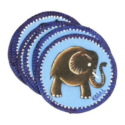 Blue Elephant,'Blue Cotton Elephant Coasters from Ghana (Set of 6)'