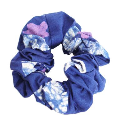 Sea Flower,'Patterned Blue Cotton Scrunchie Crafted in Ghana'