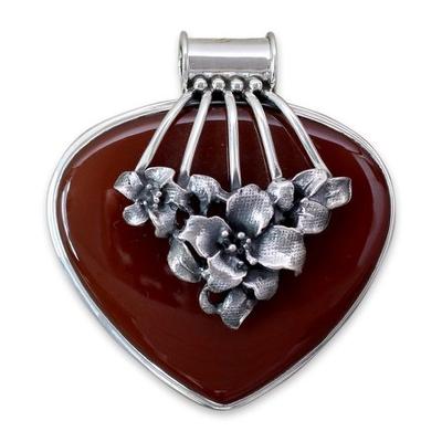 'Incandescent Tulips' - Sterling Silver and Carnelian Pendant Floral Jewelry
